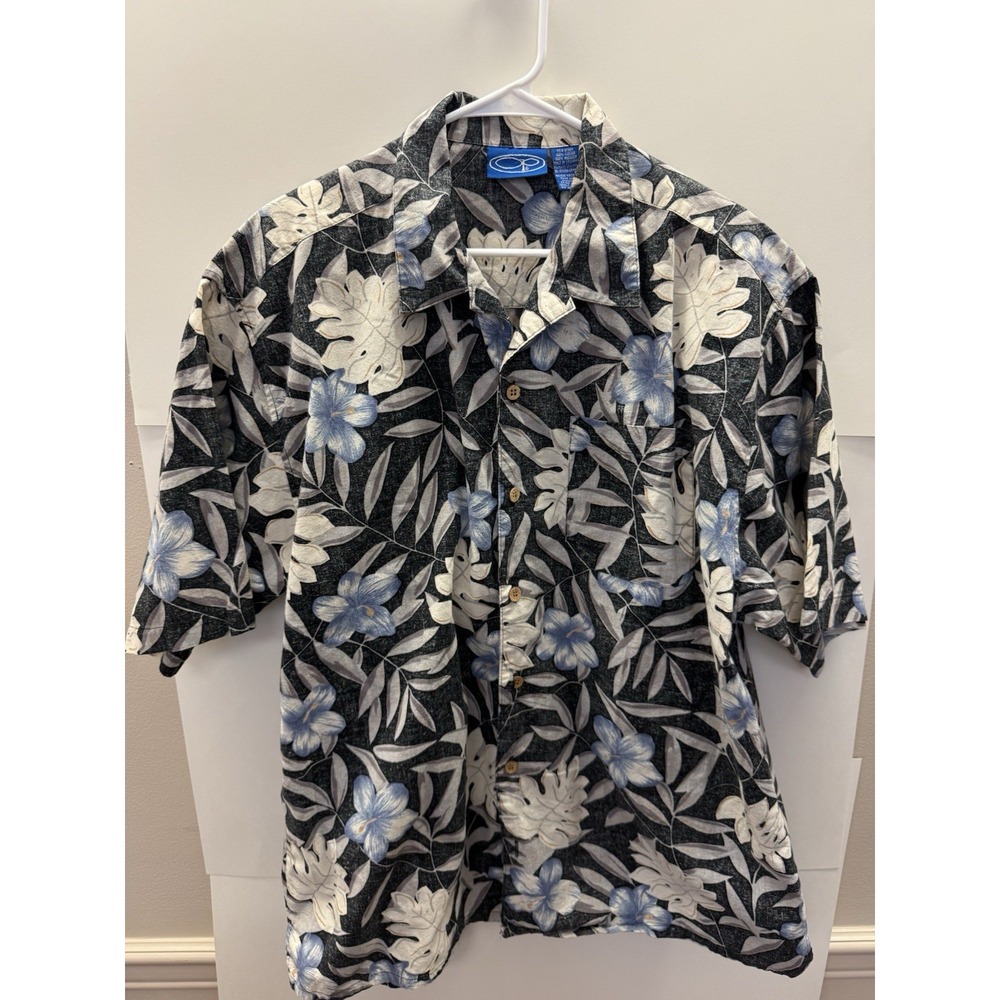 Vintage OP Ocean Pacific Shirt Mens XL Black Floral Palm Hawaiian Camp Surf